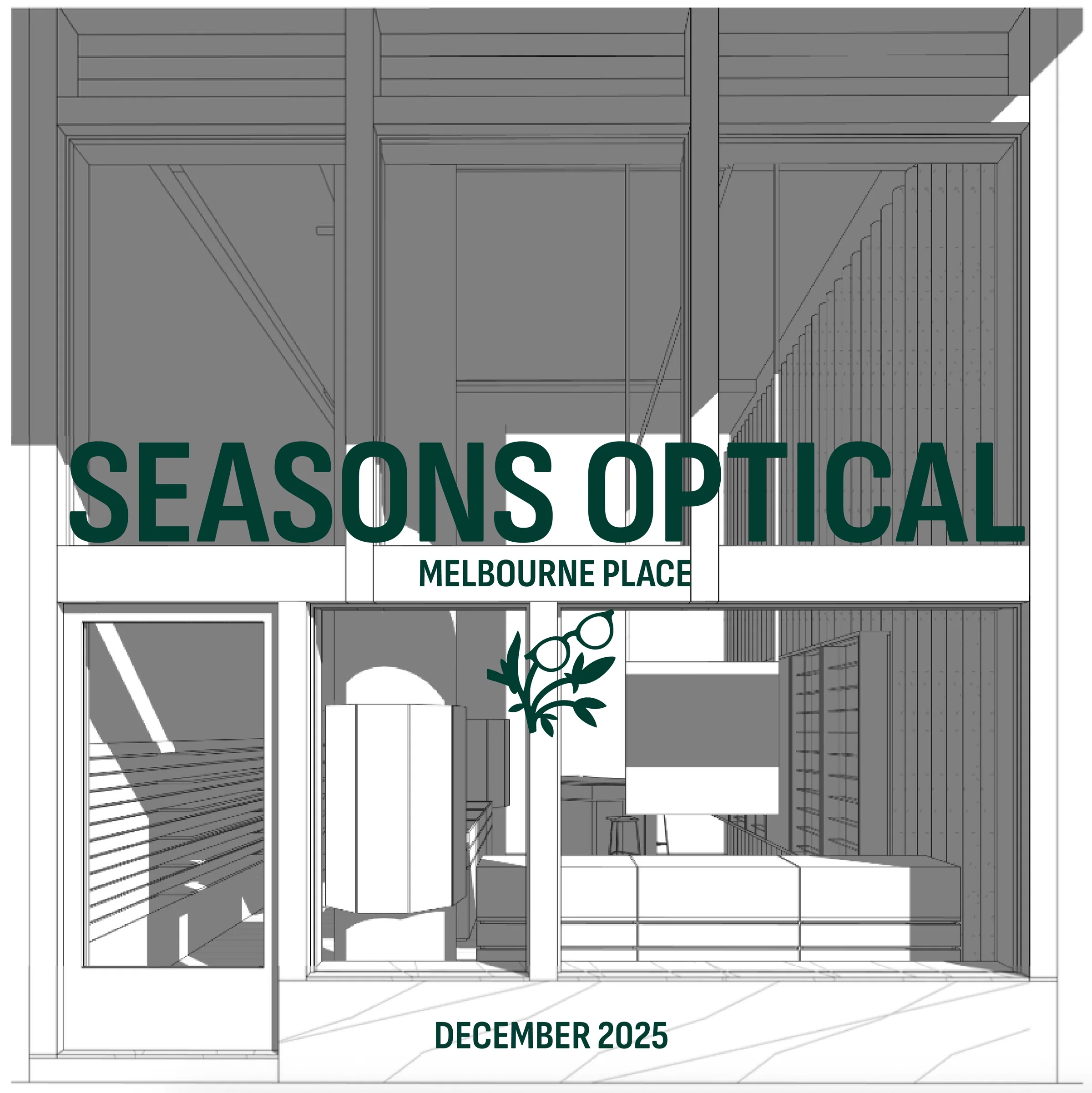 The architect’s elevation of the SEASONS Optical shopfront at Melbourne Place, dated December 2025.